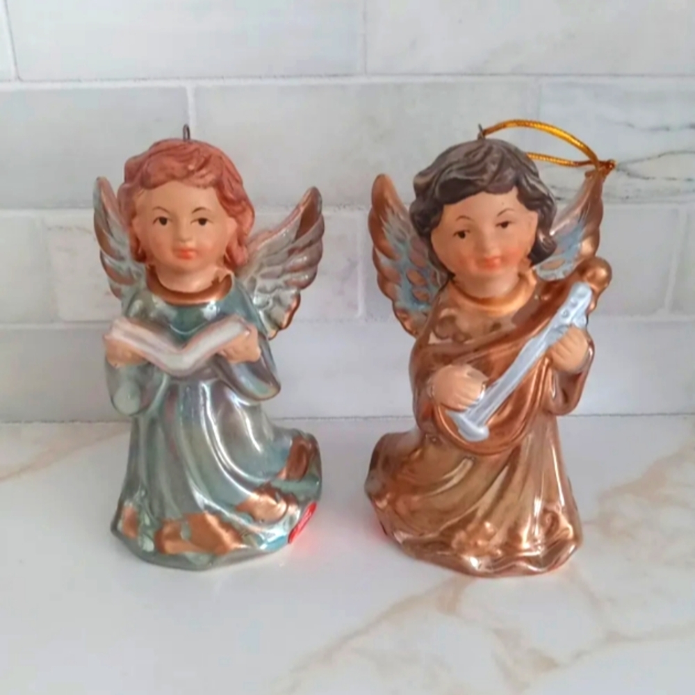 Angel Bell Christmas Ornaments Ceramic Set of 2 Reading & Playing Instruments
